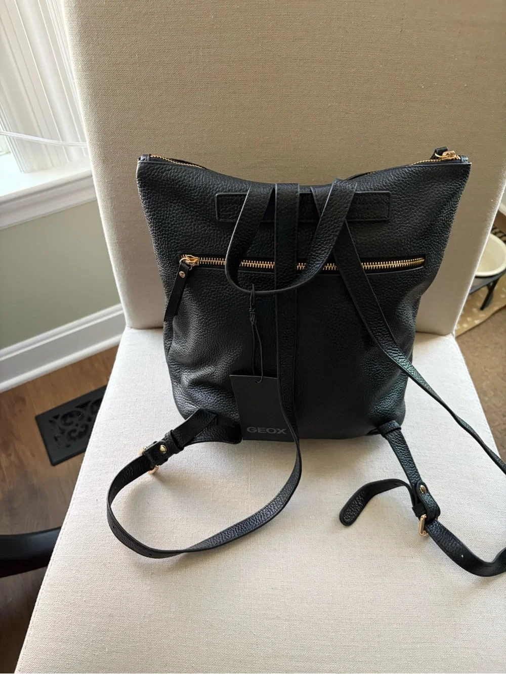 NWT Geox Black Leather Backpack Purse with Gold Hardware